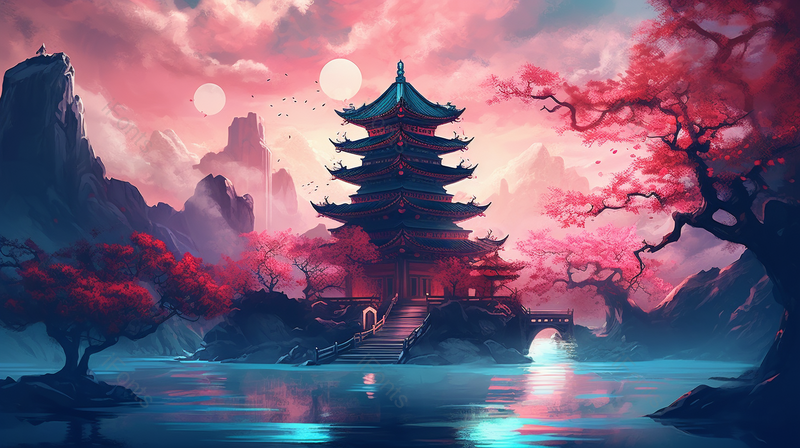 楼阁中国风建筑插画背景,插画/手绘图,插画/手绘图库,插画/手绘图下载,插画/手绘